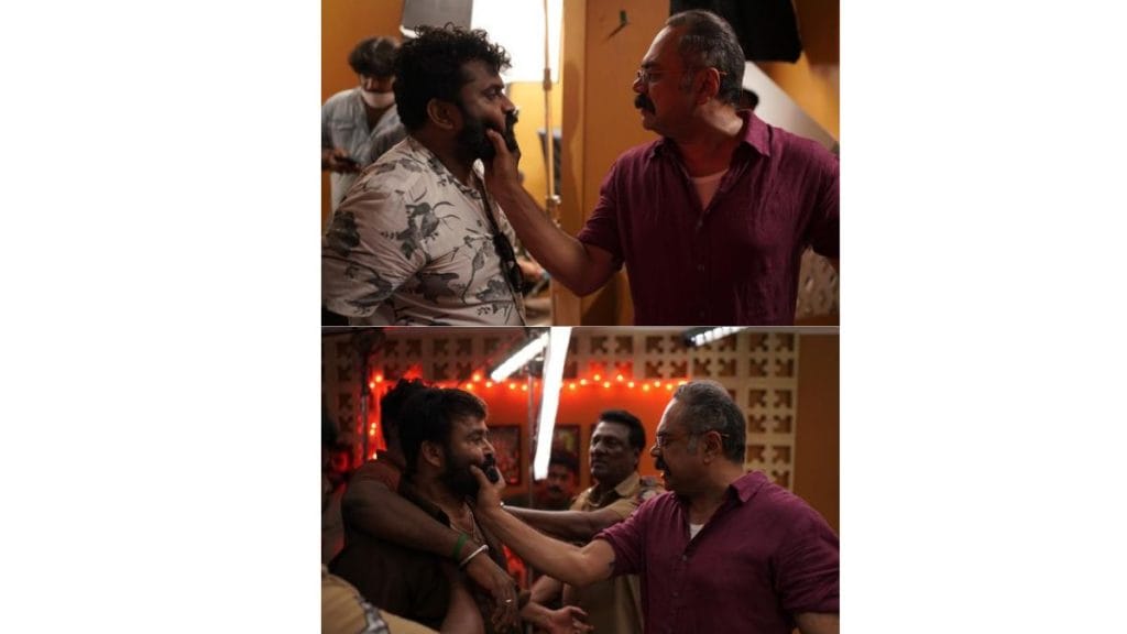 Prakash Varma rehearsing a scene with director Tharun Moorthy (above) and with Mohanlal | By special arrangement 