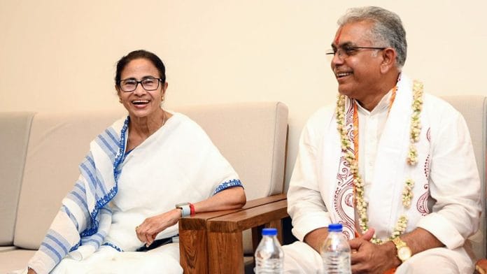 Mamata Banerjee with Dilip Ghosh on the day of the Jagannath temple inauguration, at Digha | ANI