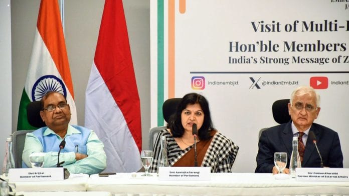All-party delegation of JD(U) MP Sanjay Kumar Jha, Congress leader Salman Khurshid and TMC MP Aparajita Sarangi at a meeting with representatives of prominent media houses of Indonesia on Operation Sindoor global outreach, in Jakarta on Friday | ANIMPs Sanjay Kumar Jha and Aparajita Sarangi, and Congress's Salman Khurshid interacting with the press in Jakarta, Friday | ANIMPs Brij Lal and Aparajita Sarangi, and Congress's Salman Khurshid interacting with the press in Jakarta, Friday | ANI