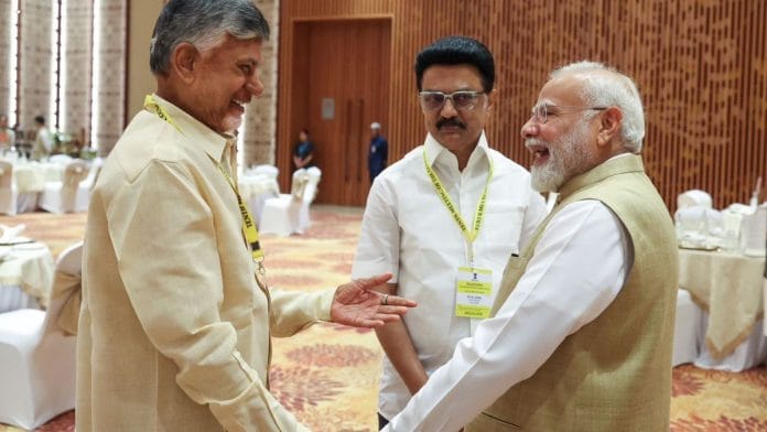 Andhra Pradesh CM Chandrababu Naidu with Tamil Nadu CM MK Stalin and Prime Minister Narendra Modi | By special arrangement