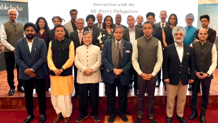 All-party delegation led by Congress MP Shashi Tharoor poses for a group picture with prominent think tanks, academic leaders, and media for Operation Sindoor global outreach, in New York on Sunday, 25 May 2025 | ANI