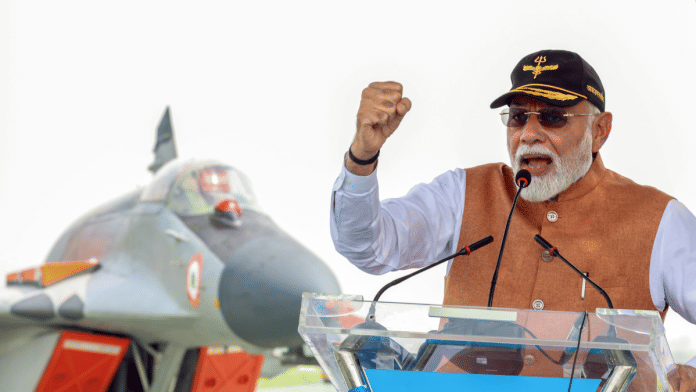 Prime Minister Narendra Modi addresses IAF personnel during his visit to the Adampur airbase Tuesday. | ANI