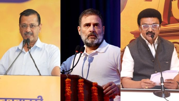 (L-R) AAP chief Arvind Kejriwal, Congress leader Rahul Gandhi & Tamil Nadu CM M.K. Stalin | X