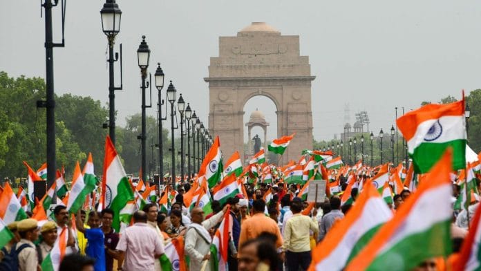 The march saw participation by NCC cadets, Civil Defence volunteers, govt school students, advocates at Delhi High Court and Supreme Court, BJP workers and Delhi residents | Suraj Singh Bisht | ThePrint