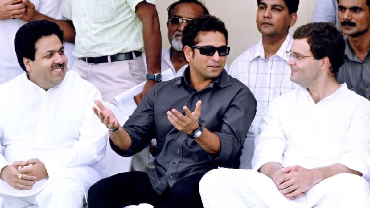 In 2002, Rajeev Shukla was appointed media manager of the Indian cricket team, a role that brought him into the spotlight. Here he is seen with Sachin Tendulkar and Rahul Gandhi | Photo via Facebook