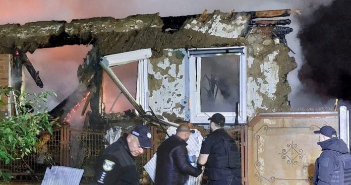 Police officials work at the site of a Russian drone strike, amid Russia's attack on Ukraine, in a location given as Chernihiv, Ukraine, in this handout picture released on June 5, 2025. National Police of Ukraine /Handout via Reuters