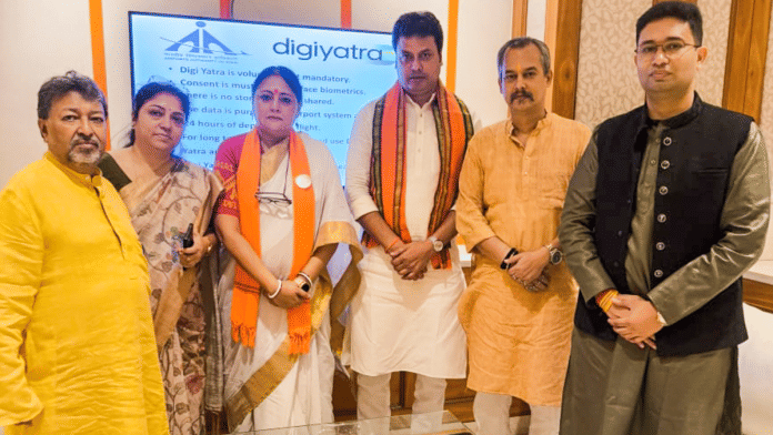 BJP MP Biplab Kumar Deb, a member of BJP's fact-finding team constituted in connection with the rape of a student at a law college, with party leaders upon his arrival in Kolkata, on 30 June 2025. | PTI