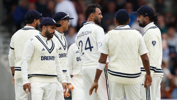 Prasidh Krishna and teammates celebrate the wicket of England’s Ollie Pope on day 5 of the first game of the World Test Championship at Headingley Cricket Ground in Leeds Tuesday | Photo: BCCI/ANI