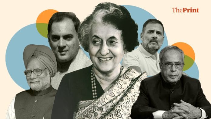 (From left to right) Congress leaders Manmohan Singh, Rajiv Gandhi, Indira Gandhi, Rahul Gandhi, and Pranab Mukherjee | ThePrint