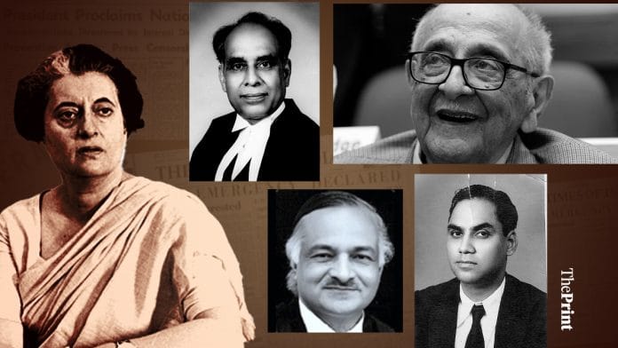 (Clockwise from extreme left) Former prime minister Indira Gandhi, Justice Hans Raj Khanna, prominent jurist Fali Nariman, Justice Jagmohan Lal Sinha, and Justice Rajendra Nath Aggarwal | Credit: Commons, PTI, SC & HC websites