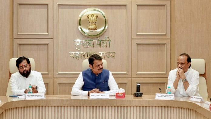 File photo of Maharashtra CM Devendra Fadnavis with Dy CMs Eknath Shinde, Ajit Pawar | ANI