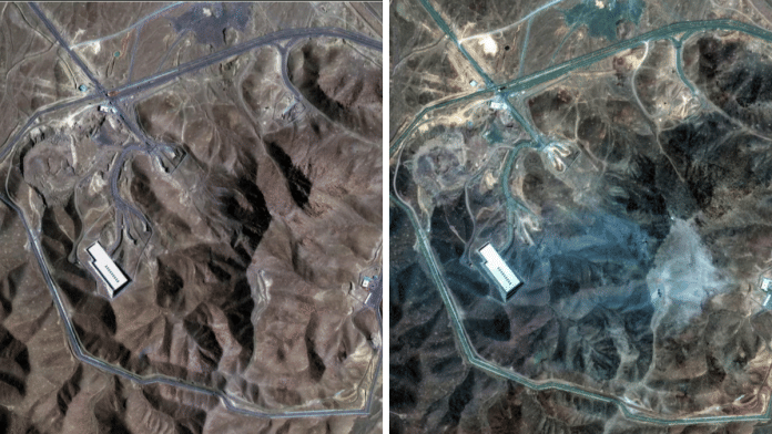 Iran nuclear threshold | A combination picture shows satellite images over Fordow underground complex, before and after the U.S. struck the underground nuclear facility, near Qom, Iran, on 20 June 2025 (L) & 22 June 2025. | MAXAR TECHNOLOGIES | Handout via Reuters