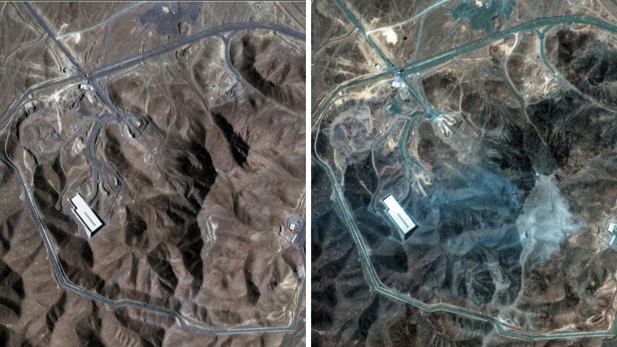 Iran nuclear threshold | A combination picture shows satellite images over Fordow underground complex, before and after the U.S. struck the underground nuclear facility, near Qom, Iran, on 20 June 2025 (L) & 22 June 2025. | MAXAR TECHNOLOGIES | Handout via Reuters