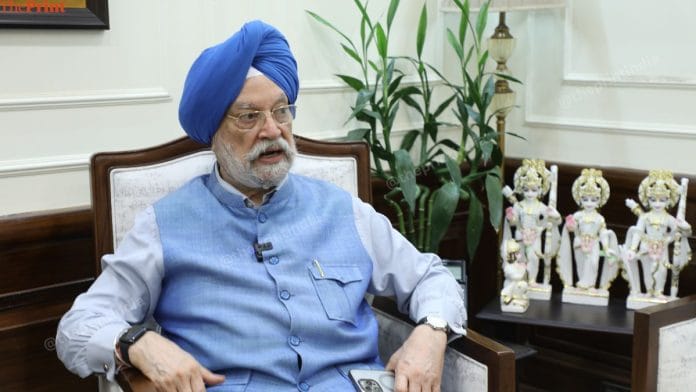 Union Minister Hardeep Singh Puri during the interview. | Mahira Khan | ThePrint