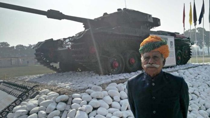 Risaldar Major (Honorary Captain) Nathu Singh Jodha (Retd) in front of the Famagusta tank | Photo courtesy Brigadier Karan Singh Rathore (Retd)