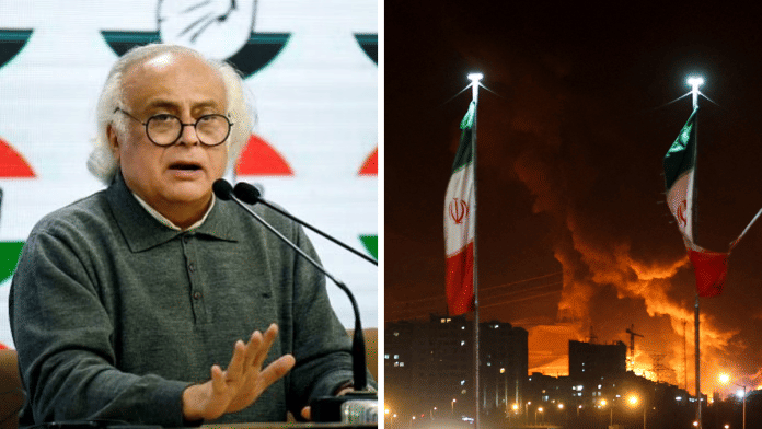 Congress MP Jairam Ramesh (L) and Israeli strikes in Tehran (R) | ANI and Reuters