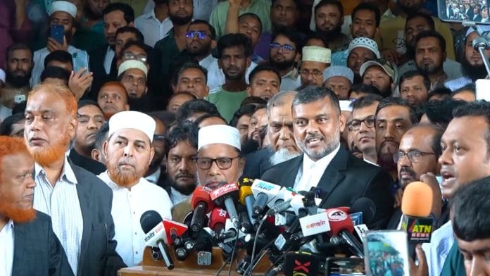 The lawyer for Jamaat-e-Islami briefing media after verdict, Sunday | X @BJI_Official