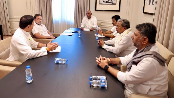Rahul Gandhi, Mallikarjun Kharge, KC Venugopal, Karnataka CM Siddaramaiah and Dy CM DK Shivakumar in New Delhi on 10 June, 2025 | AICC/ANI