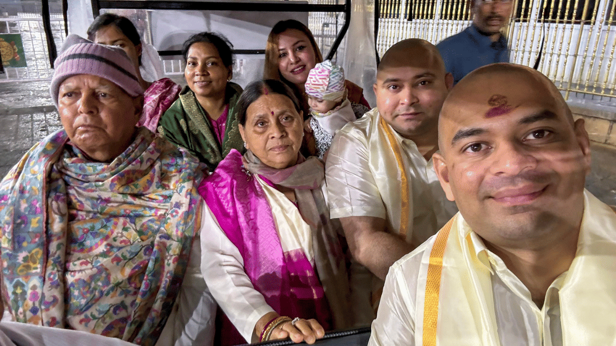 RJD president Lalu Prasad Yadav with his wife Rabri Devi, daughter-in-law Rajshree & sons Tej Pratap & Tejashwi Yadav at Tirupati Balaji temple in 2023 | ANI 