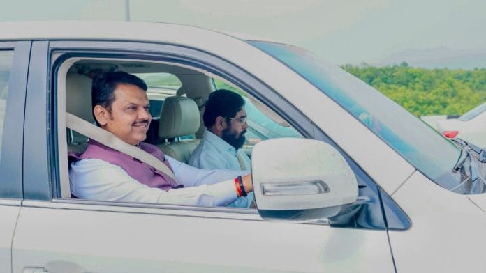 Maharashtra Chief Minister Devendra Fadnavis with Deputy Chief Minister Eknath Shinde on the expressway in Mumbai Thursday. | CMO Maharashtra/ X