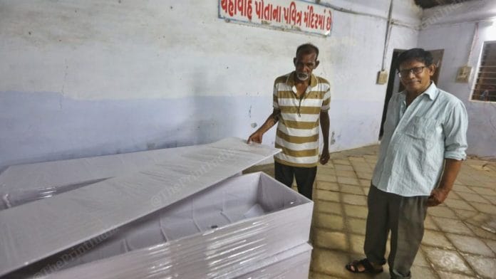 60-year-old Nelvin Rajwadi (left) based in Vadodara, who got the order for 100 coffins by Air India | Praveen Jain | ThePrint