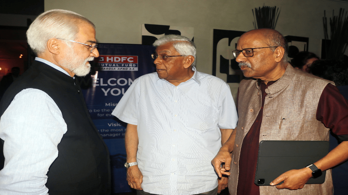 From left to right: Rajesh Chaturvedi, co-founder and Chairman of Adfactors PR; Deepak Parekh, ex-HFC and ThePrint's Editor-in-Chief Shekhar Gupta