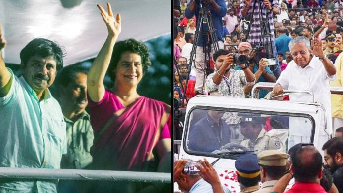 File photos of Congress MP from Wayanad Priyanka Gandhi Vadra at public meeting in Nilambur, and Kerala CM Pinarayi Vijayan | ANI