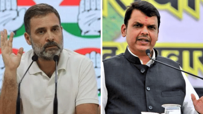 File photo of Rahul Gandhi (L) & Maharashtra CM Devendra Fadnavis (R) | ThePrint & Facebook