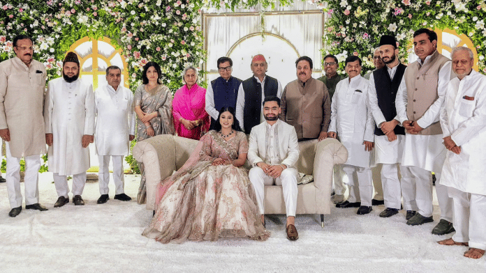 SP MP Priya Saroj & cricketer Rinku Singh with BCCI Vice President Rajeev Shukla, Party President Akhilesh Yadav, party leaders Zia Ur Rehman Barq, Ram Gopal Yadav, Jaya Bachchan, Dimple Yadav, Rajeev Rai & others during their engagement, in Lucknow. | X\@RajeevRai via PTI