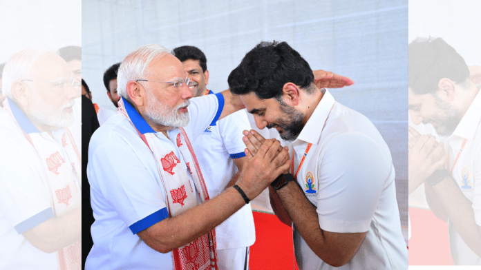 PM Modi and TDP scion Lokesh during Yoga day event | X/@naralokesh