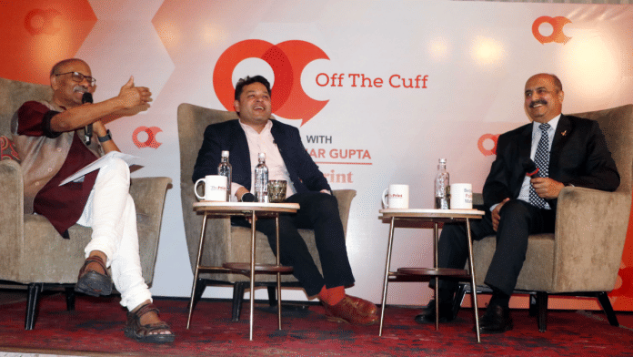 ThePrint Editor-in-Chief Shekhar Gupta, Deputy Editor Snehesh Alex Philip with Air Chief Marshal V.R. Chaudhari (retired) at Off The Cuff in Mumbai | ThePrint