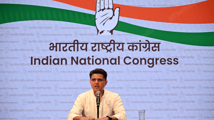 Congress leader Sachin Pilot addresses a press briefing on the issue of the caste census in New Delhi on Tuesday | Suraj Singh Bisht | ThePrint