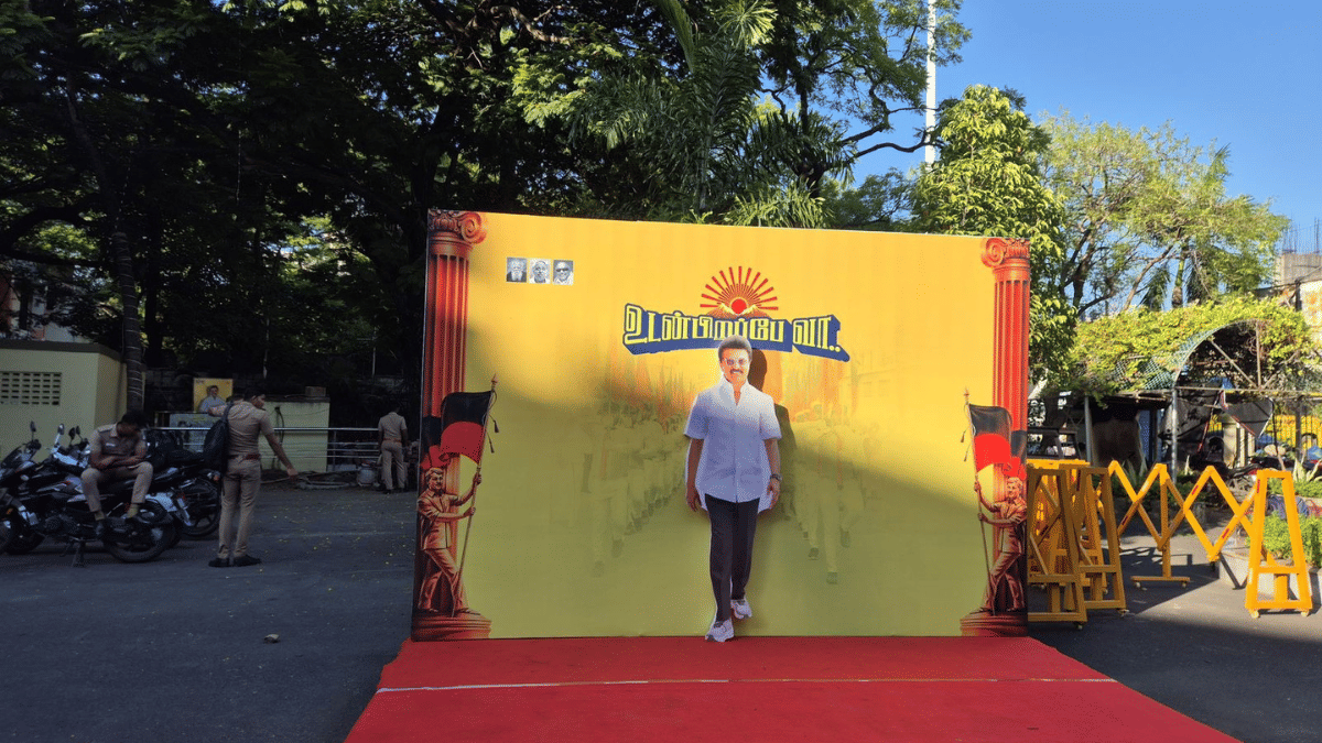 DMK President and CM M.K. Stalin's photo at party's 1 June general council meeting / By special arrangement 
