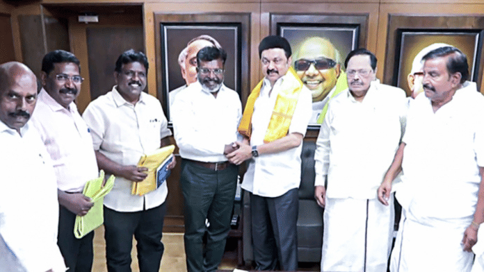 File photo of VCK president Thol. Thirumavalavan meeting Tamil Nadu CM Stalin in Chennai last September | ANI