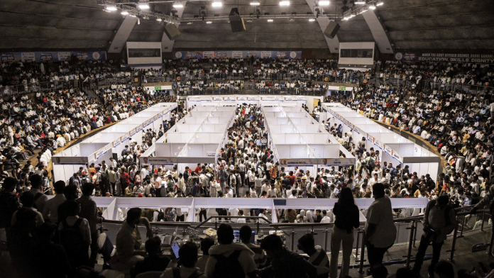 Aspirants gather at Congress' mega job fair in New Delhi Thursday | Rahul Singh/ANI