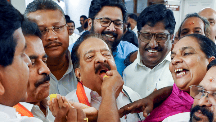 Congress leader Ramesh Chennithala (centre) and other party leaders celebrate the poll victory of Aryadan Shoukath in Nilambur Assembly by-election in Thiruvananthapuram on Monday | PTI