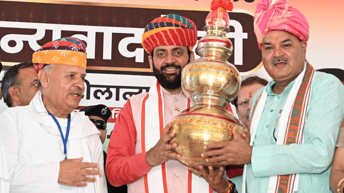 Union Minister Rao Inderjit Singh and Haryana CM Nayab Singh Saini share a stage at a rally in Rewari 15 June | By Special Arrangement