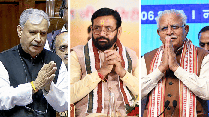 File photos of Union minister Rao Inderjit Singh, Haryana Chief Minister Nayab Singh Saini and former CM Manohar Lal Khattar | ANI