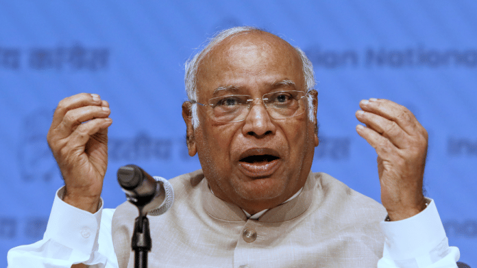 Congress president Mallikarjun Kharge addresses a press conference in New Delhi on Wednesday | PTI