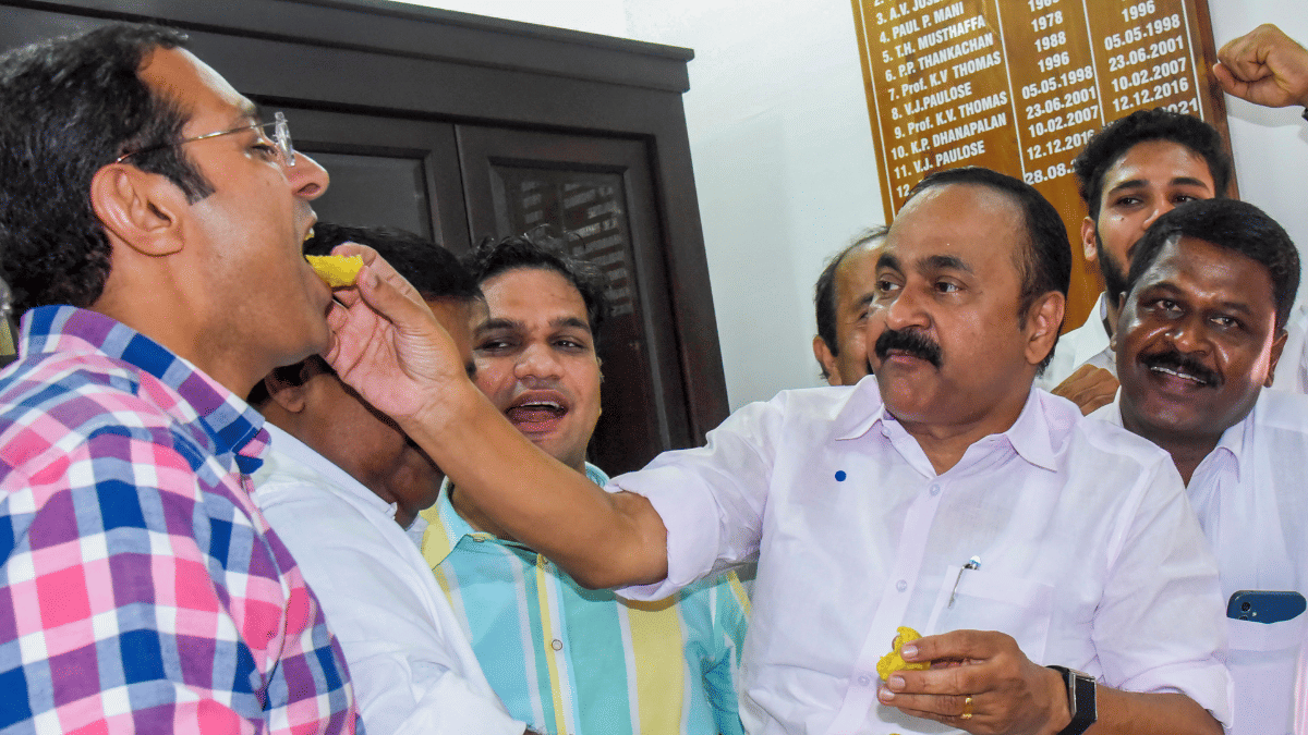 V.D. Satheesan celebrates victory of Congress-led United Democratic Front in Nilambur assembly bypoll | PTI