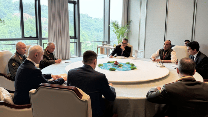 Defence Minister Rajnath Singh at a meeting with his Russian counterpart Andrei Belousov in Qingdao, China | X/@DefenceMinIndia