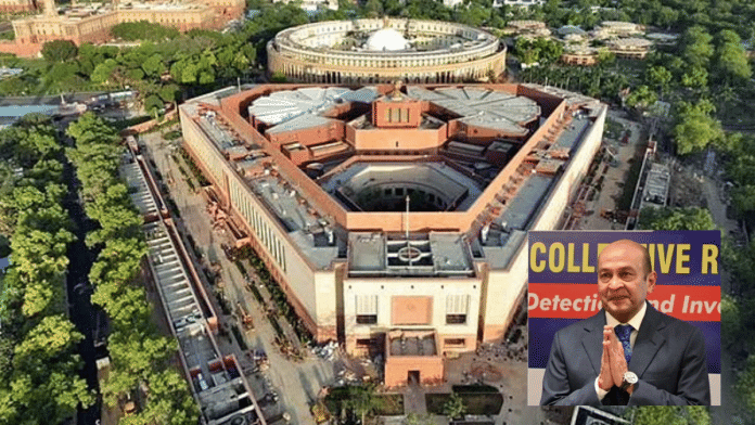 Parliament building & file photo of Justice Yashwant Varma | ANI