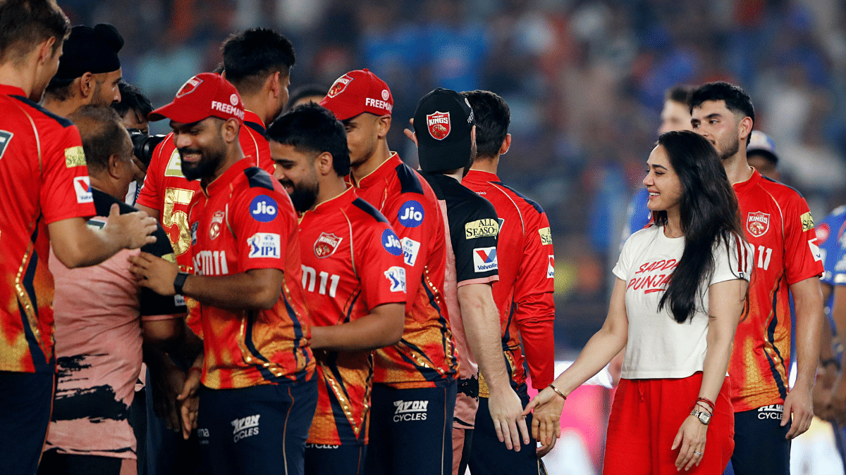 Punjab Kings' co-owner Preity Zinta congratulates team members after victory against Mumbai Indians in the Qualifier 2 match. | ANI