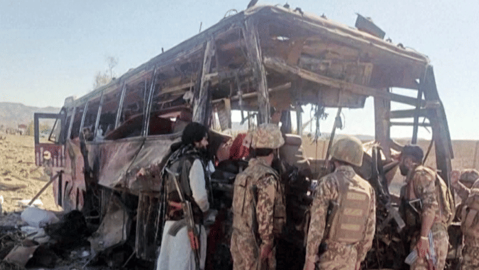 Wrecked remains of a bus after separatist militants attacked paramilitary convoy in Balochistan's Noshki in March. BLA claimed responsibility | Reuters/ANI Grab