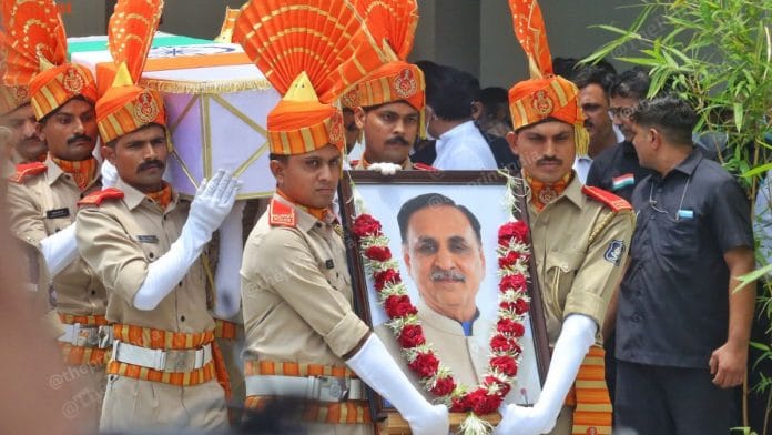 Former Chief Minister Vijay Rupani received the guard of honour by Gujarat Police, at the Ahmedabad Civil Hospital, Monday. | Praveen Jain | ThePrint