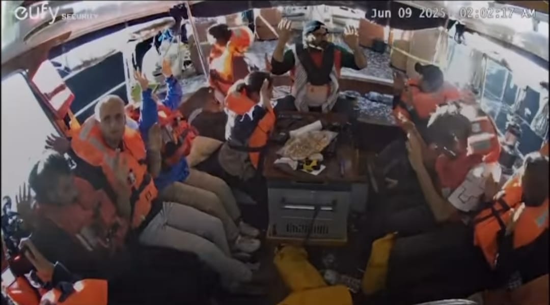 Screenshot from a video posted on X by Freedom Flotilla Coalition after Israeli forces boarded the Gaza-bound vessel Madleen