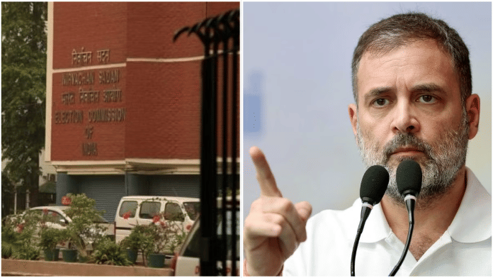 Election Commission of India building in Delhi (left) and Leader of Opposition Rahul Gandhi (right) | ThePrint/ANI