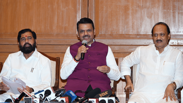 Maharashtra Chief Minister Devendra Fadnavis (centre) addresses a press conference, in Mumbai on 29 June 2025. State Deputy Chief Ministers Ajit Pawar & Eknath Shinde also present. | ANI