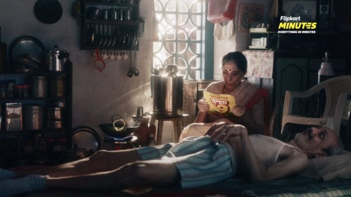 A still from the ad for Flipkart Minutes, which turns a paralysed man into the punchline.