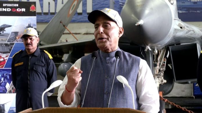 File photo of Defence Minister Rajnath Singh on INS Vikrant | ANI